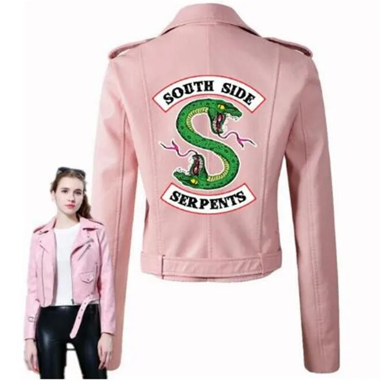 

Riverdale Women PU Zipper Belt Jacket Fashion America Kpop Motorcycle Crop Tops Southside Serpents Artificial Leather Coat Red