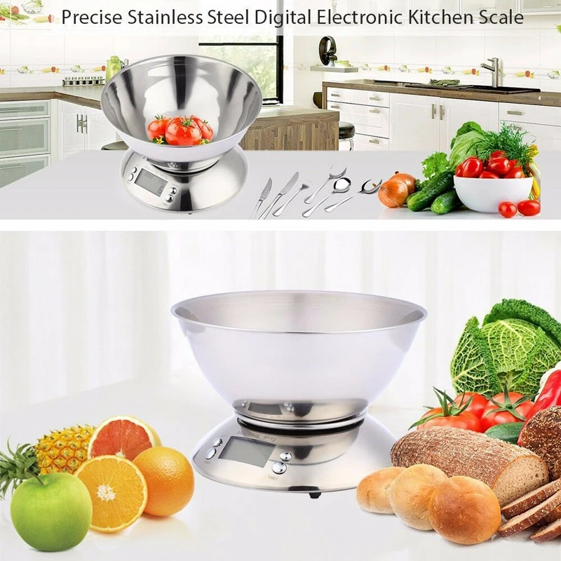 

11 Lb/5 Kg Food Scale High Precision Digital Kitchen Stainless Steel Scale With Movable Bowl Room Temperature Alarm Timer Libra