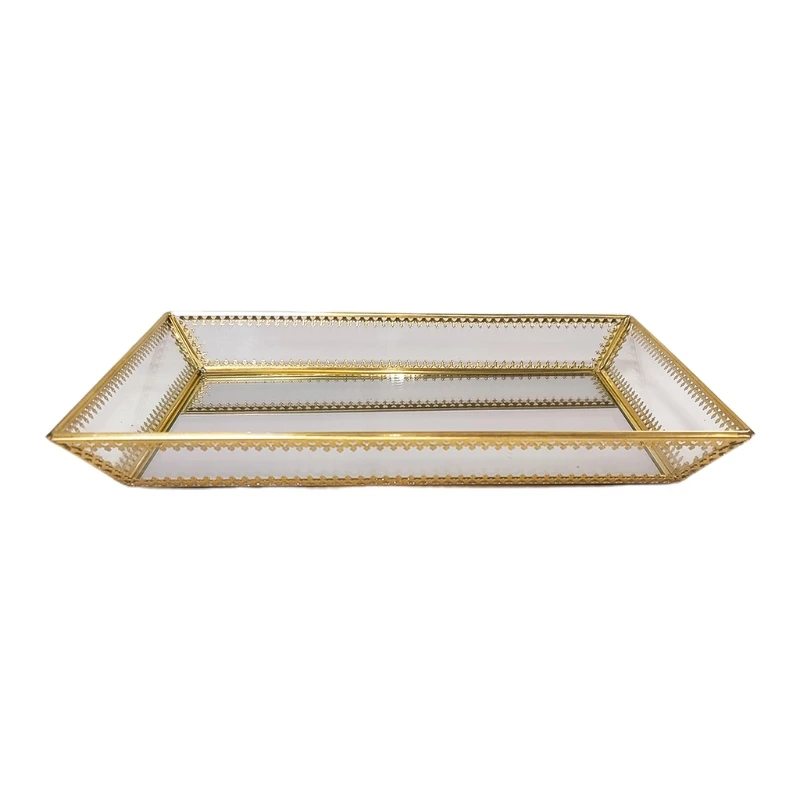 

13MC Rectangle Gold Mirror Jewelry Organizer Tray Glass Metal Makeup for Bathroom