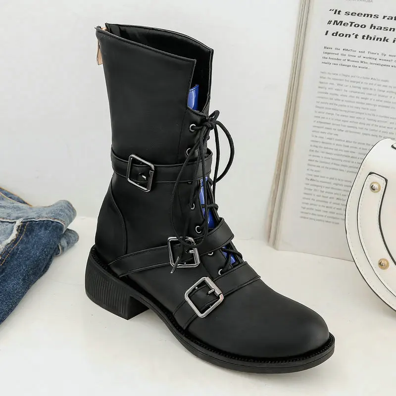 2019 Tide Girl Boots Women Fashion Motorcycle Square Low Heel Ankle Autumn Winter Zipper Mid-Calf Big Size 44 | Обувь