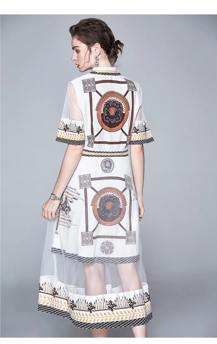 

Half Sleeve Mesh Summer Dress Women Vintage Turn-down Collar Big Shirt Dresses Mid-Calf Print Regular See Through Sexy Dress