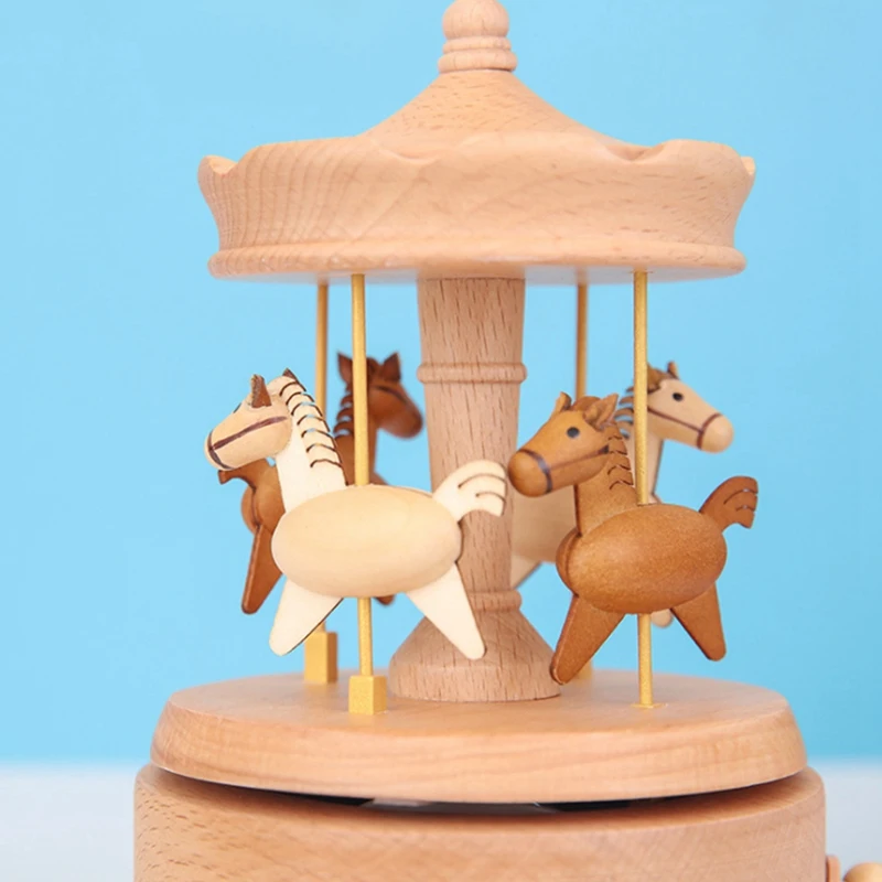 

Carousel Music Box, Natural Beech Wood 4-Horse Carousel Clockwork Musical Box for Kids Girls Friends Birthday