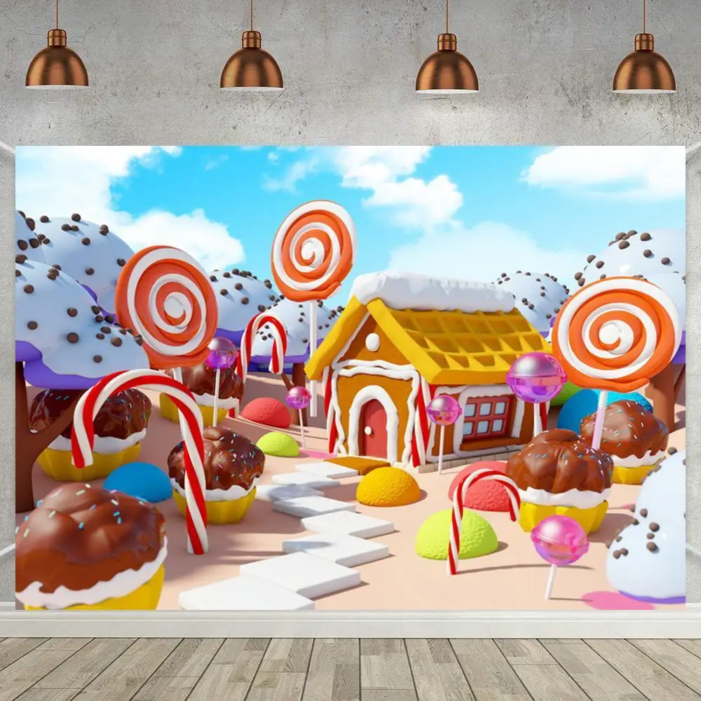 

Children Candy Houses Newborn Baby Shower Photo Background Colorful Lollipops Cake Table Decor Sweetie Party Backdrops