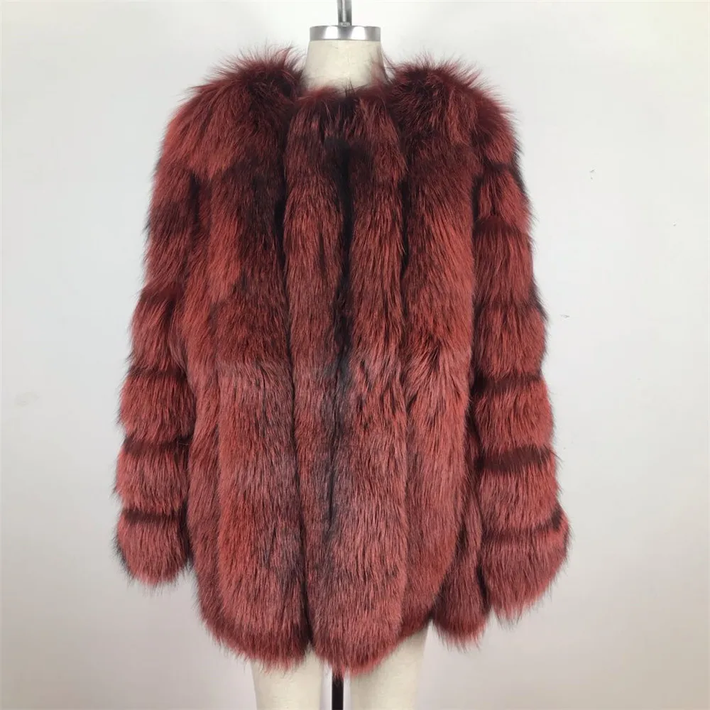 

FURSARCAR Luxury Real Natural Fox Fur Women Coat Vertical stripes Long O-Collar Winter Coat For Female New Red Color Plus Size