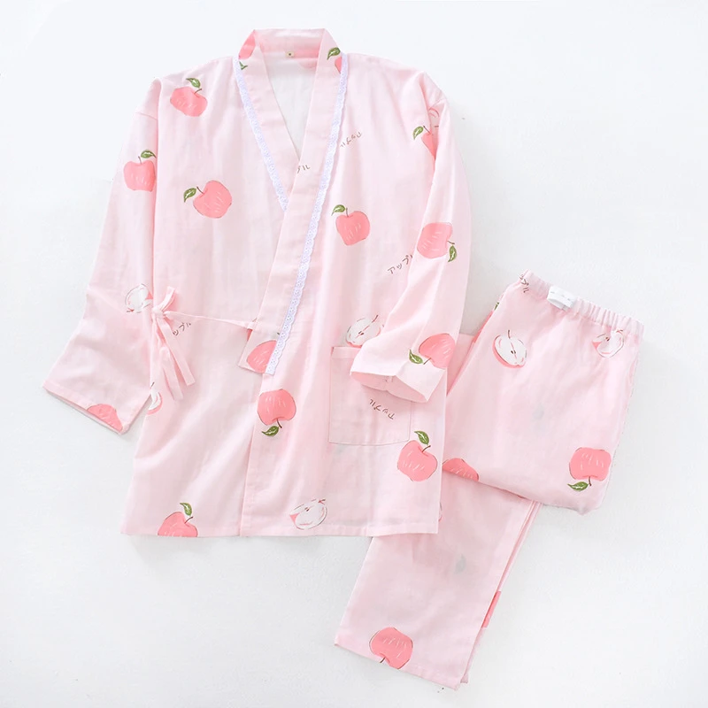 

Pajamas Women's Spring Pure Cotton Gauze Long-sleeved Cotton Sweat-steaming Yukata Japanese Kimono Traditional Home Service Suit