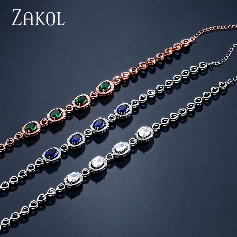 Модные синие и зеленые овальные браслеты ZAKOL с кубическим цирконием цепочка