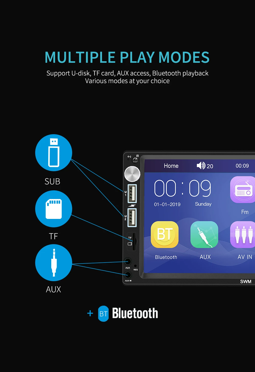 SWM X5 двойной 2 DIN автомобильный стерео 7 дюймов Bluetooth AUX RCA FM радио приемник головкой Авторадио