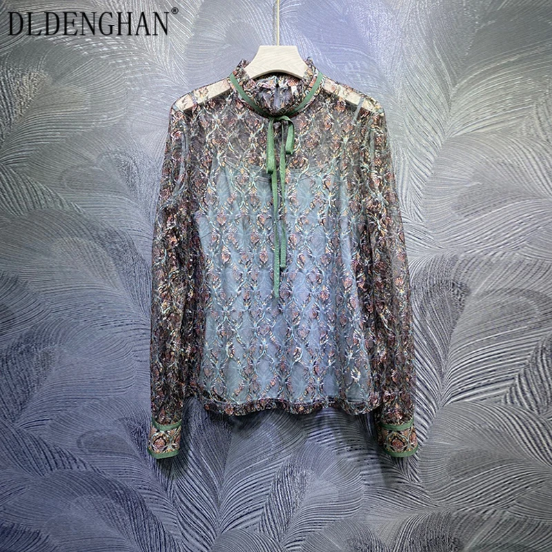 

Модная дизайнерская летняя сетчатая рубашка DLDENGHAN с цветочной вышивкой для женщин, винтажные рубашки на шнуровке с воротником-стойкой и дли...