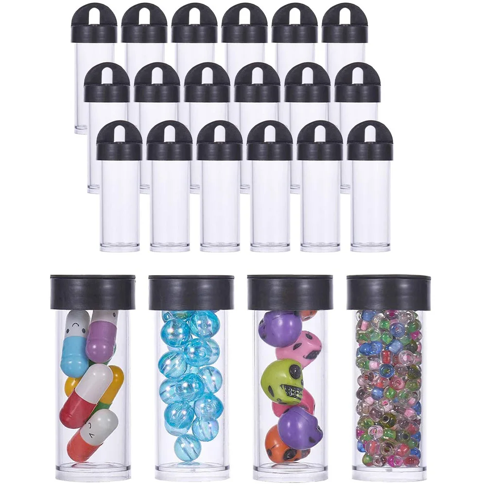 240Pcs Column Clear Plastic Bead Containers with Black Lid Small Bottle Jar Jewelry Display for Beads Liquid Storage 2.4x5.6cm