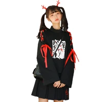 spring japanese cartoon fox girl print hoodie harajuku women gothic ribbon lace up flare sleeve kawaii thin pullover sweatshirt