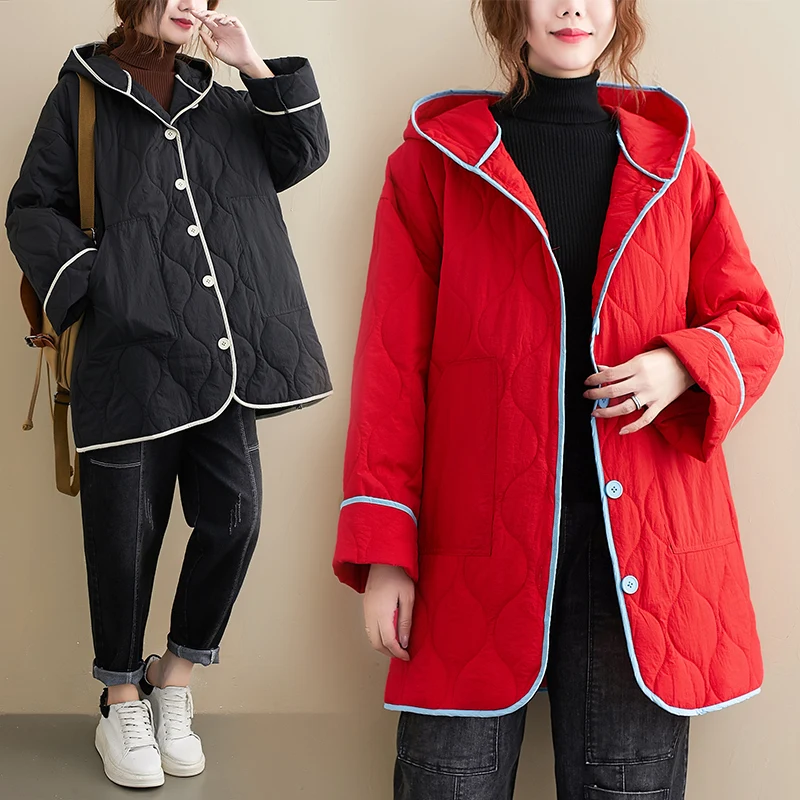 

Femmes Ultra Thin Down Jacket New Autumn Hooded Padded Lightweight Oversize Vintage Parka Outerwear Female