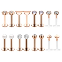 zs 16g crystal labret stud piercing stainless steel lip stud women rose gold cat earring helix conch piercing jewelry 12 16pcs