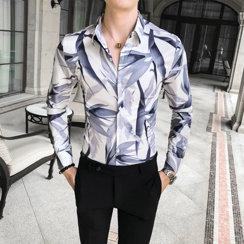 Мужская рубашка с цветочным принтом Повседневная приталенная под смокинг