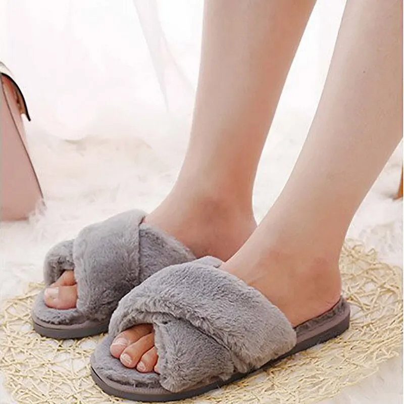 

Slippers Women Fluffy Winter Sandal Cross Plush Open Toe Sandal Soft Flat Shoes Warm Faux Fur Slipper Home Female Shoes