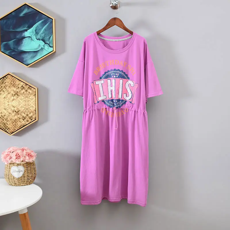 

Large Size Korean Dress Summer New Drawstring Waist Shows Thin and Fat Mm Loose Medium Length Short Sleeve T-shirt Skirt