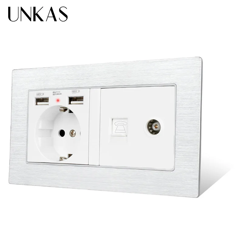 UNKAS Алюминий Панель Европейская Сетевая розетка с двумя портами USB зарядка Порты