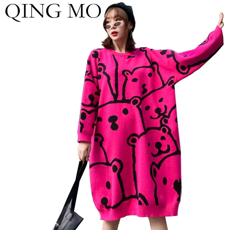 QING MO Autumn Rose Red Coffee Women Pullovers Sweater Dress 2020 Winter Warm Long Female Cartoon ZQY2158 | Женская одежда