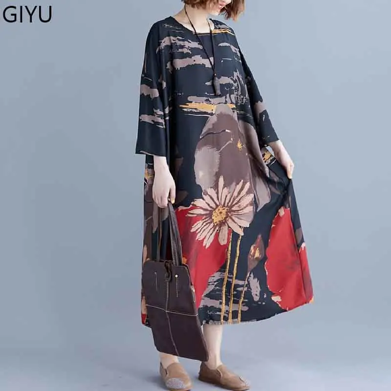 Большие размеры Boho для женщин осеннее платье винтажное искусство этническое