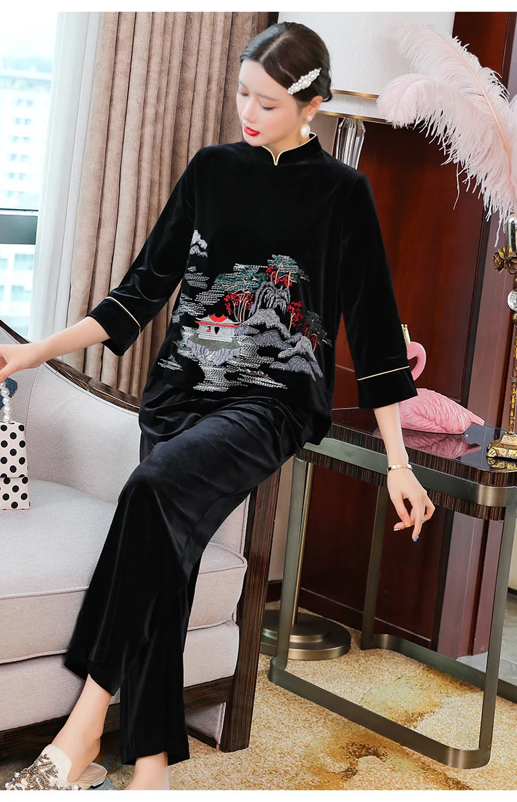 

Новый Традиционный китайский ретро-стиль, бархатный топ с вышивкой и широкие брюки, осенне-зимний костюм для женщин