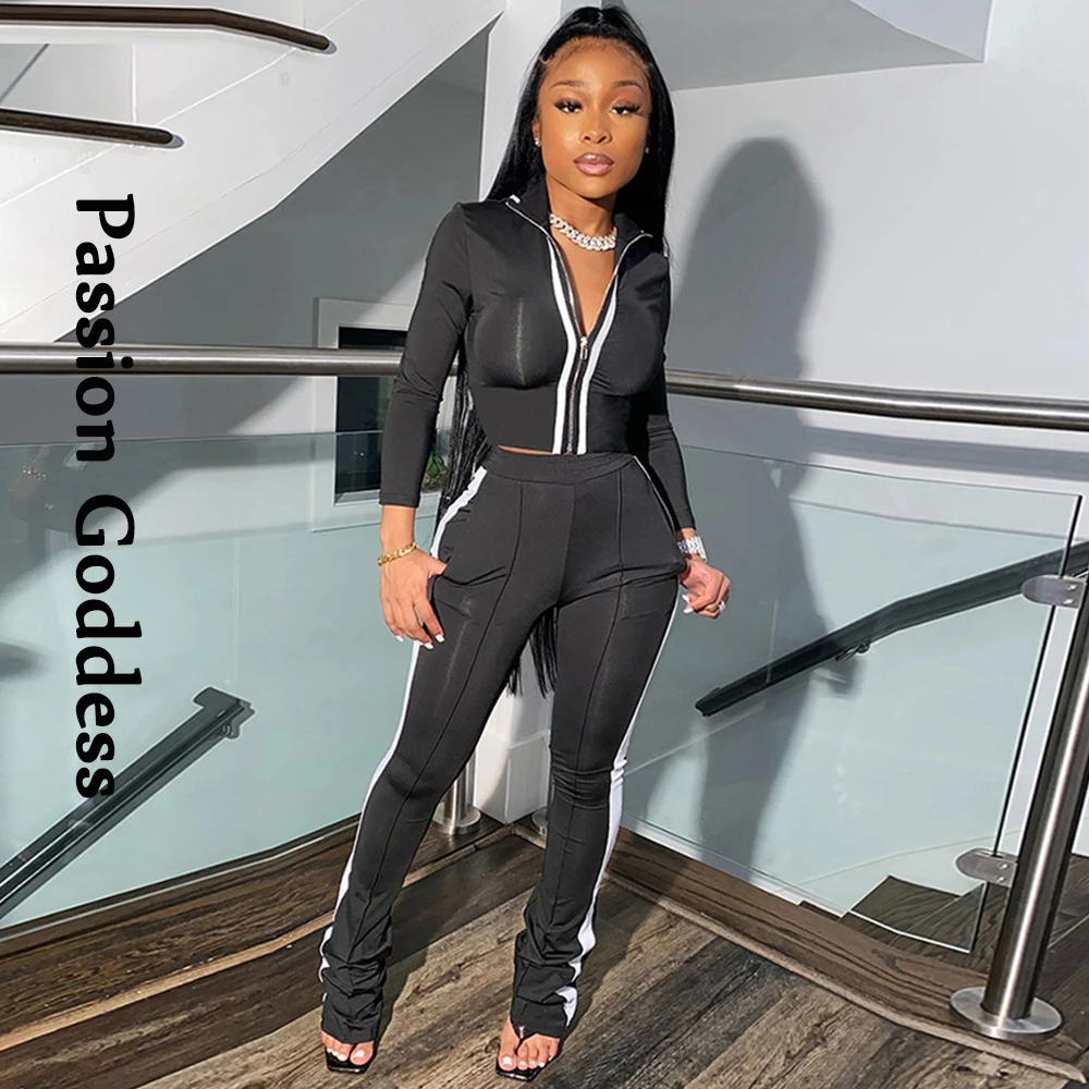 

Casual Women 2 Piece Zipper Tracksuit Sets Long Sleeve Cropped Jacket Outcoats High Waist Slim Pants Side Striped Two Piece Fall
