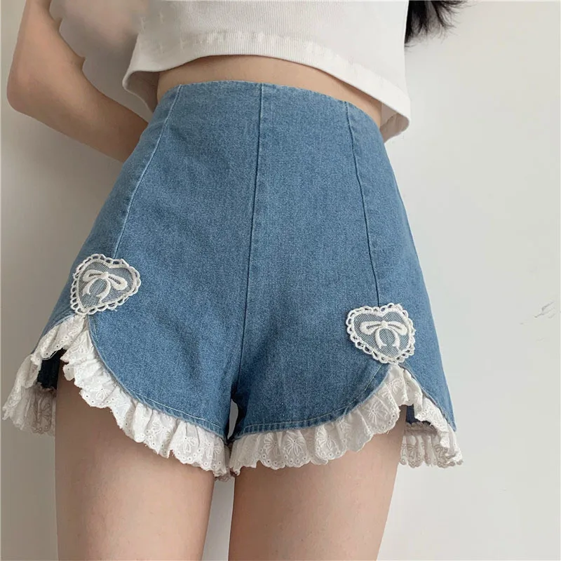 

Sweet Lolita Style Shorts Women Harajuku Cute Lace Ruffles Denim Short Pants Japanese Girls Sexy Punk High Waist Shorts 2021 New
