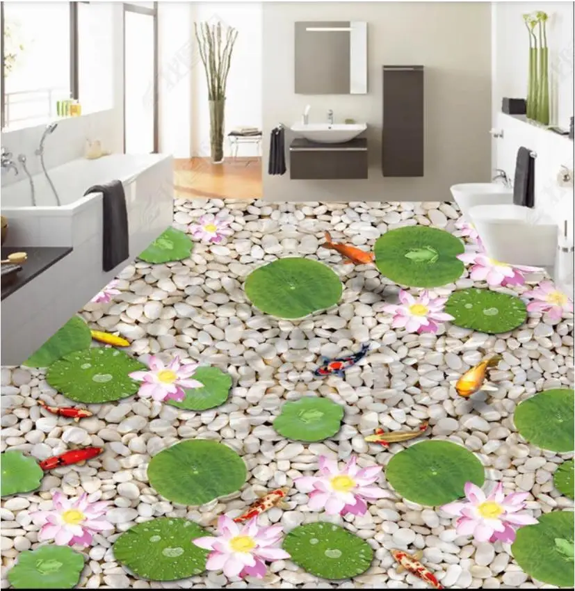 

Custom Picture Self-adhesive Flooring wallpapers Painting Pebble fish lotus leaf floor mural painting wall sticker home decor