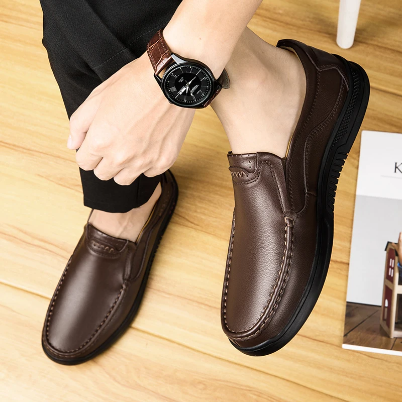 

Men's casual leather shoes leather comfortable breathable lightweight shoes square head covers flat heels daily all-match models