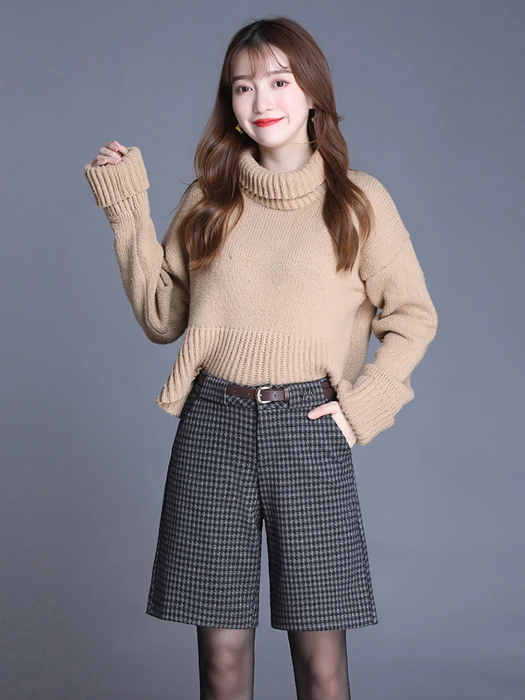 Женские шерстяные шорты свободного покроя с высокой талией клетчатые большого