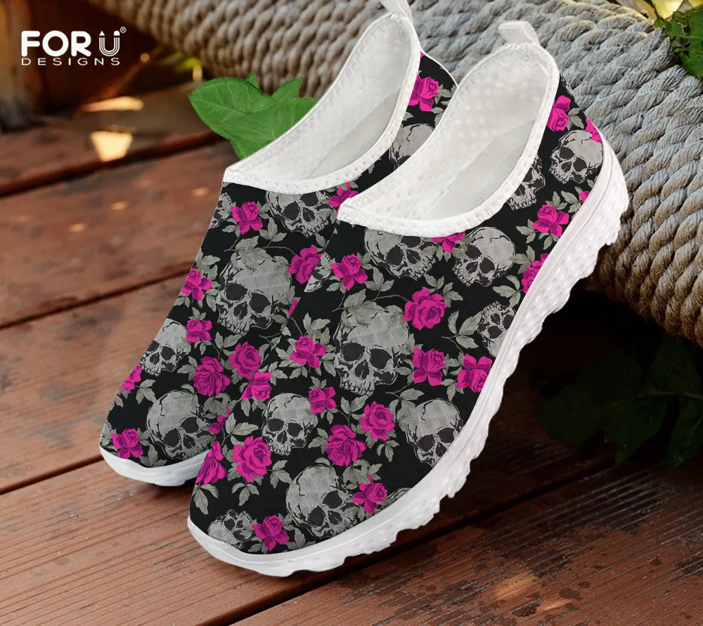 

FORUDESIGNS Red Rose Grey Skull Pattern Print Summer Women Flats Shoes Casual Sneakers Mesh Slip-on Ladies Beach Loafers Zapatos
