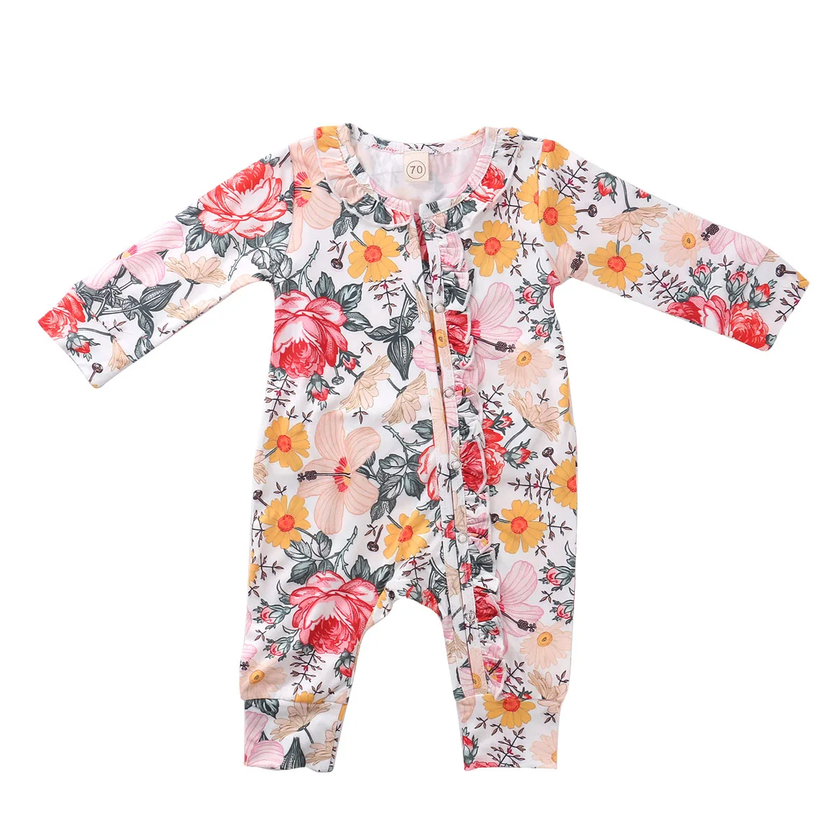 

Toddler Baby Girl Jumpsuit Long Sleeve Crew Neck Button Front Ruffle Floral Jumpsuit For Newborns Toddler