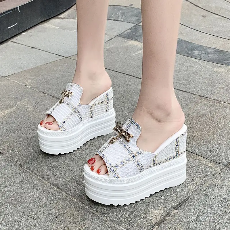 

Platform Slides Women Designer Super High Heels Flip Flops Women Fashion Checkerboard Wedge Heels Sandals Summer Slippers 2021