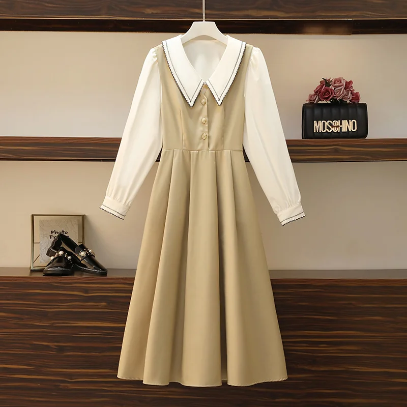 

Женский элегантный офисный комплект из двух предметов, абрикосовая блузка на пуговицах с длинным рукавом и платья-трапеции с высокой талие...