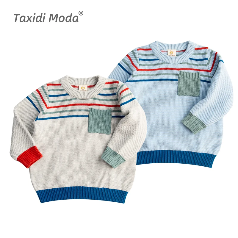 

Taxidi Moda 2021 Spring 100% Cotton Pocket Stripe Blue Children Sweater Baby Boy Pullover For Kids Knitted Jumper Clothing 2016