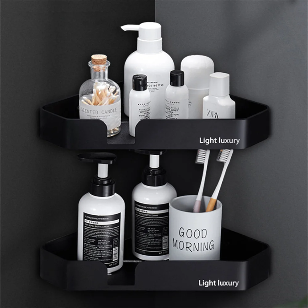 

Bathroom Triangle Black Corner Shelves Holder Punch-Free Shower Shelf Storage Organizer Towel Rack Bathroom Accessories
