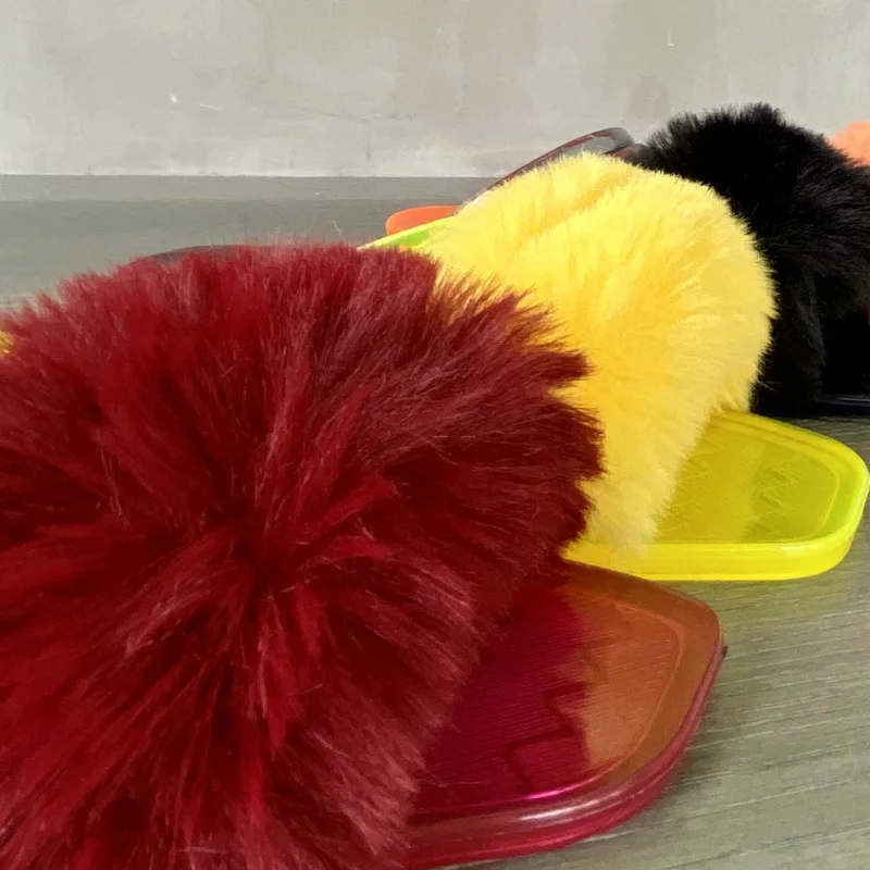 

Summer Women Fur Slippers Joey Shoes Solid Transparent PVC Flat Heel Open Toe Beach Outdoor Sandals Fashion Ladies Female Ladies