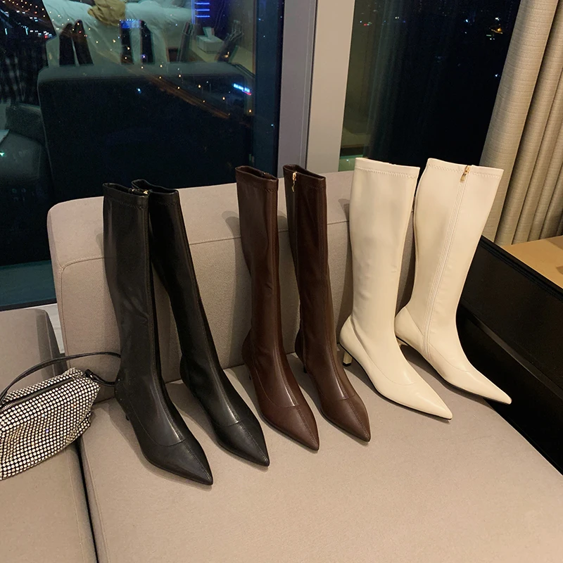 

Женские сапоги до колена, с острым носком, черные, бежевые, коричневые, модные, на тонком низком каблуке, вечерние, рыцарские сапоги, Размеры ...