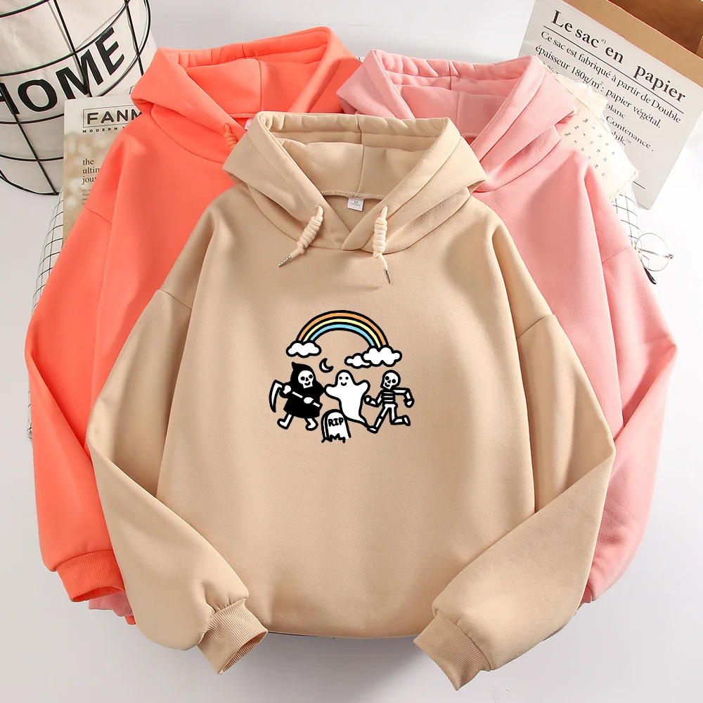 Harajuku Rainbow Hoodie Skull Print Clothing Oversized Sweatshirt Casual Pullover Winter Woman Hoodies Cute Sweetshirt for Girls