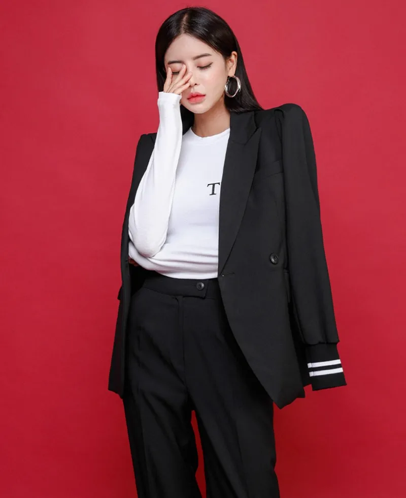 

2019 autumn winter Pant Suits OL 2 Piece Sets Double Breasted Blazer Jacket+ Trousers Suit Sets Plus Size