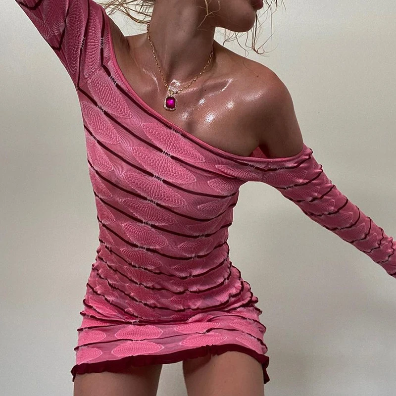 

Pink Striped Knitted Slash Neck Knitted Mini Dress Women Elegant Cute Fashion Long Sleeve Dresses Party Vacation Outfit Iamhotty