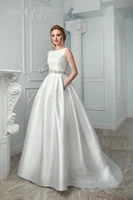 2020 simple elegant satin wedding dress a line bridal gown with pocket crystal sash women robe vestido de novia mariage