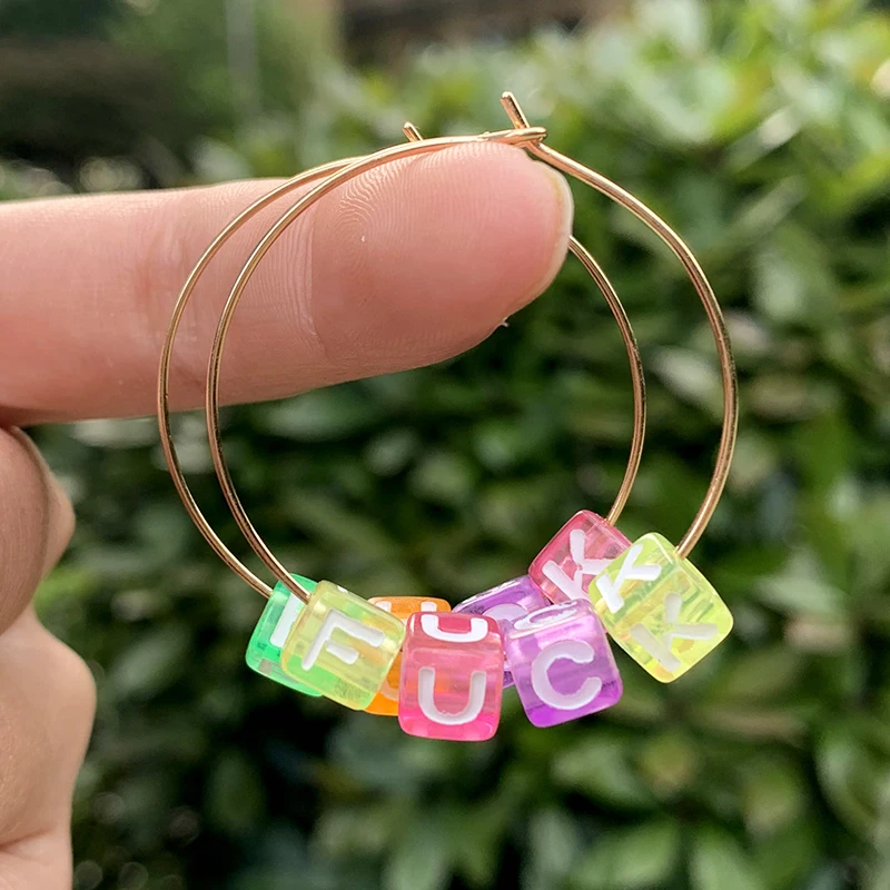 

SAY HELLO Multicolor Letter English Words Angel Big TPWK Beads Charm Hoop Earrings for Women Female Earrings Femme Brinco K3115
