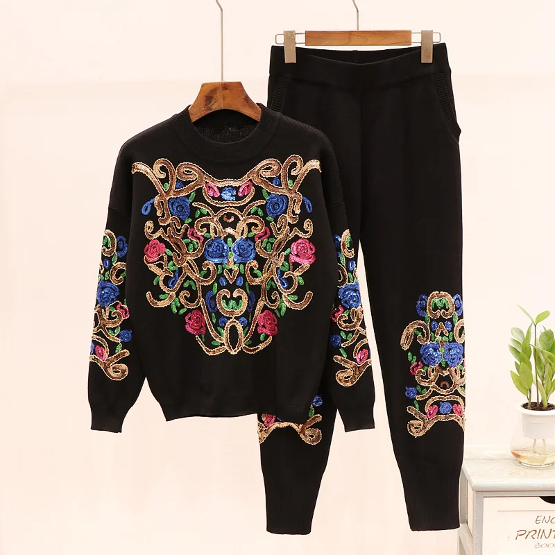 Women Sweat Suit Set Flower Sequines Long-sleeved Knit Sweater Pullover Casual Pant Set  2pieces Outfit Active Tracksuit