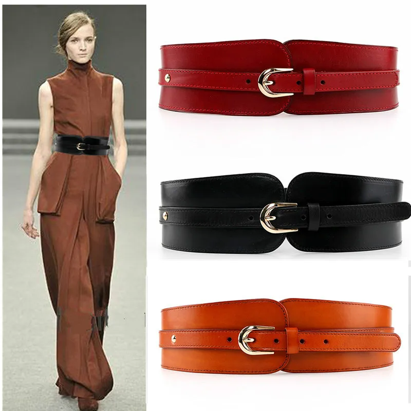 Waistband Female Vintage Genuine Leather Belt Buckles100% Cowskin Wide Belt For Women High Quality Ceinture Femme Elastic red