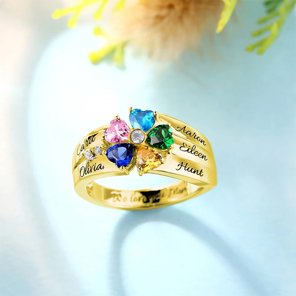 SG Personalized 925 Sterling Silver Rings Custom Heart Birthstone Ring With 2-5 Names Jewelry for women Mother day's Gift