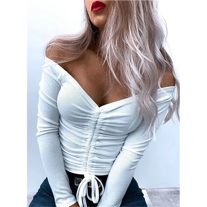 

2020 New Arrival Sexy Slim Fit Tee Women Fashion Casual Solid Color Drawstring T Shirt Long Sleeve Knitted Tops