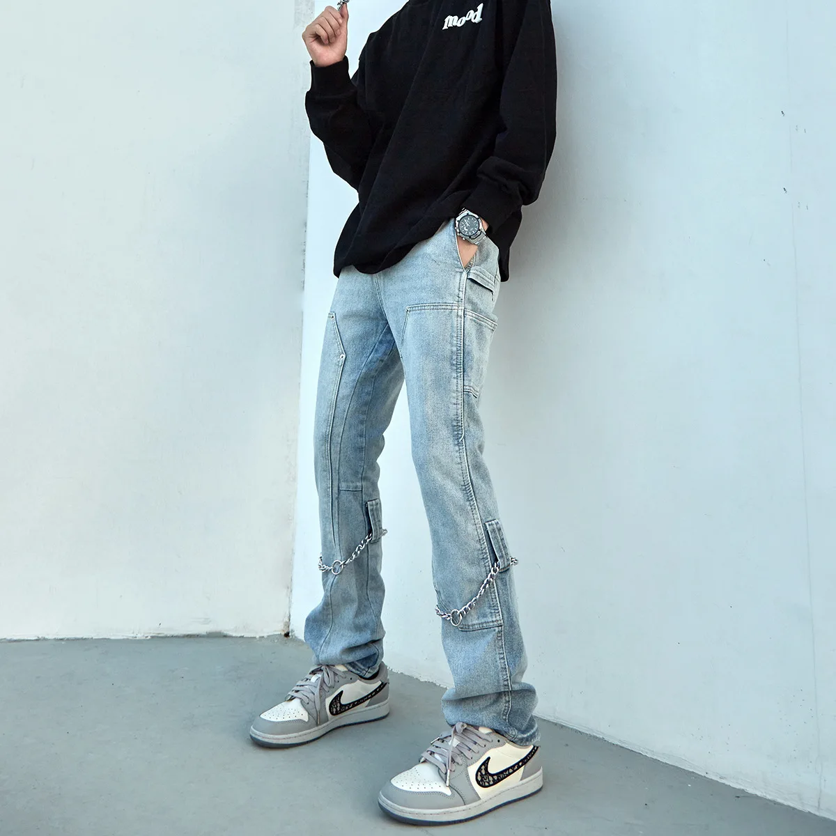 2021 Korean Fashion Chain Decoration Retro Washed Men Pencil Jeans Trousers Hip Hop Slim Casual Women Punk Denim Pants For Teens