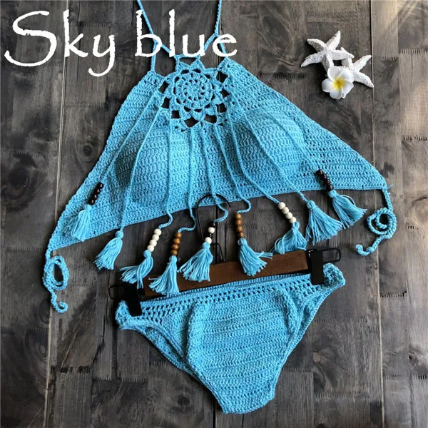 sky blue Крючком бикини сексуальный недоуздок галстук Вязание Пляж Купальники Холтер бисером кисточкой укороченный Топ Бразилия Бикини купальник купальный костюм - Цвет: sky blue