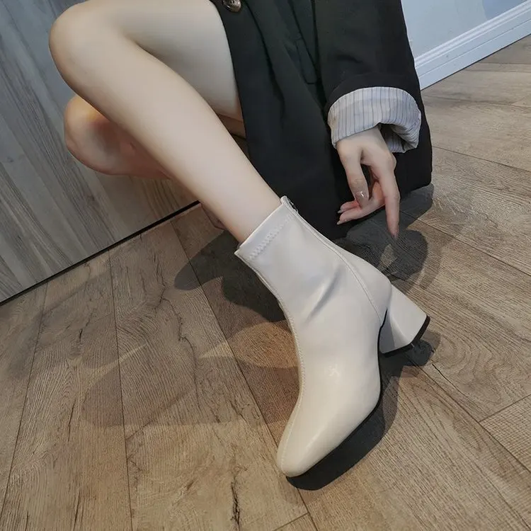 

2021 new winter square head back zipper women's coarse heel solid color with short boots 2435