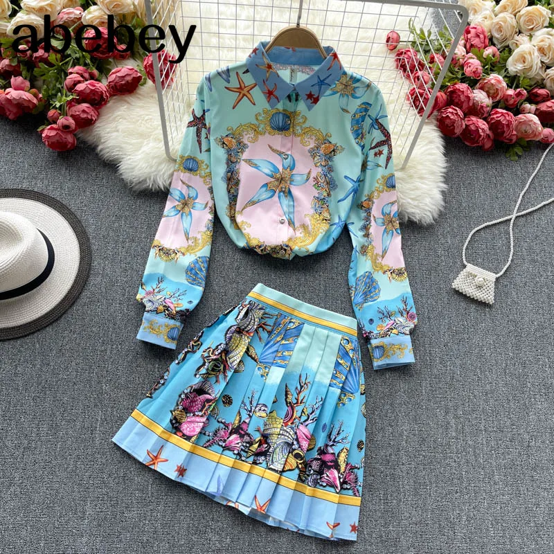 

Женские костюмы в стиле ретро с принтом, топ с отложным воротником на пуговицах с коротким рукавом и юбка-трапеция средней длины с высокой т...