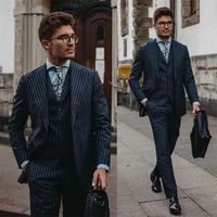 3 piece navy pinstripe men suits custom made formal tuxedos party prom business fit slim peaked lapel blazer costumes hommes